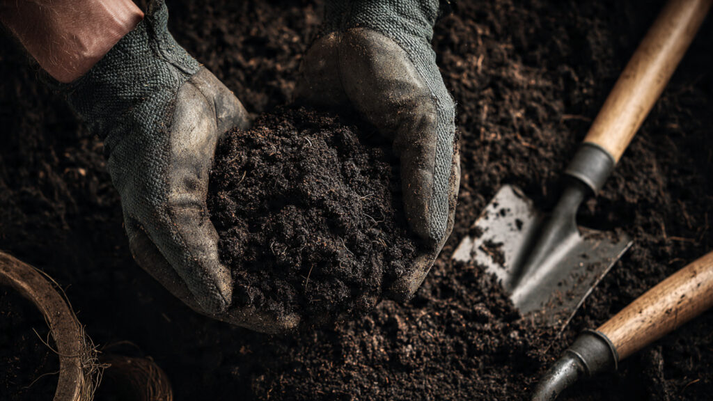 close up of hands mixing compost into rich dark ga