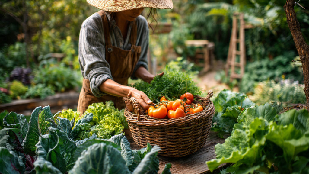 happy gardener harvesting fresh vegetables into a 