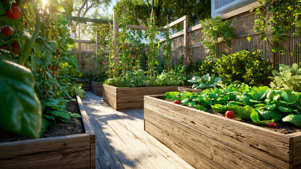 lush backyard vegetable garden with raised beds fu