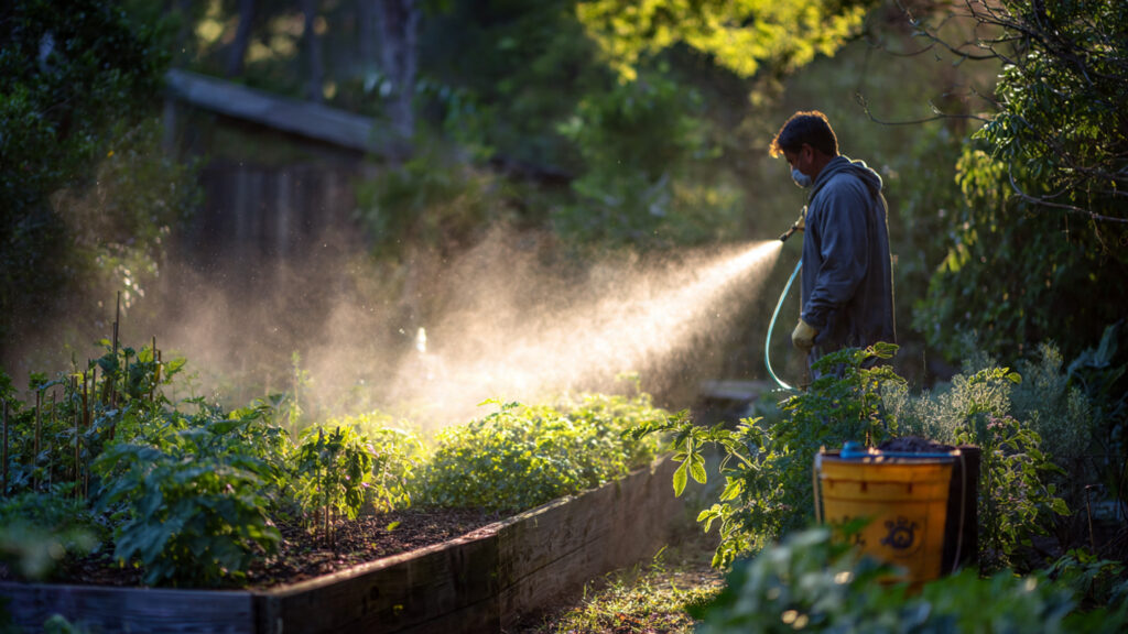 real time candid photo of a gardener spraying neem